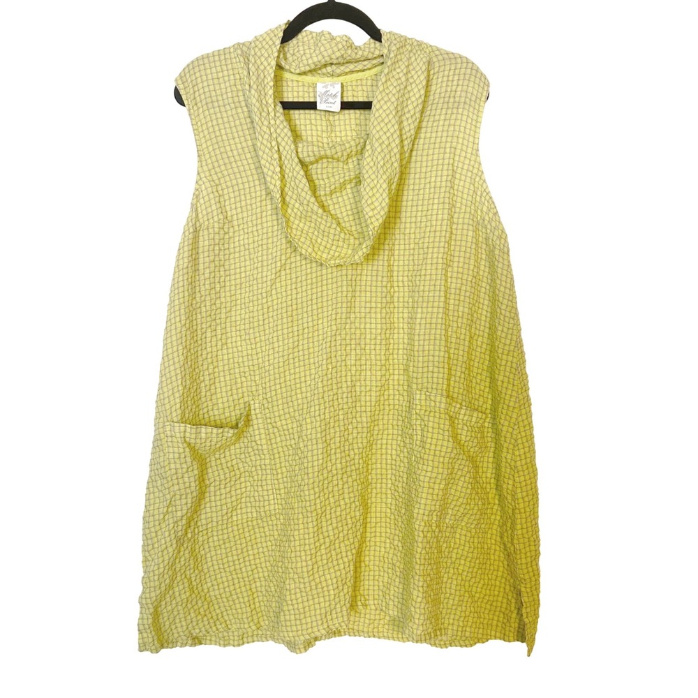 match point USA Large green plaid gingham linen tunic pockets cowl lagenlook